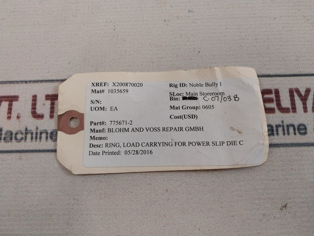 Blohm And Voss 775671-2 Load Carrying For Power Slip Die C Ring