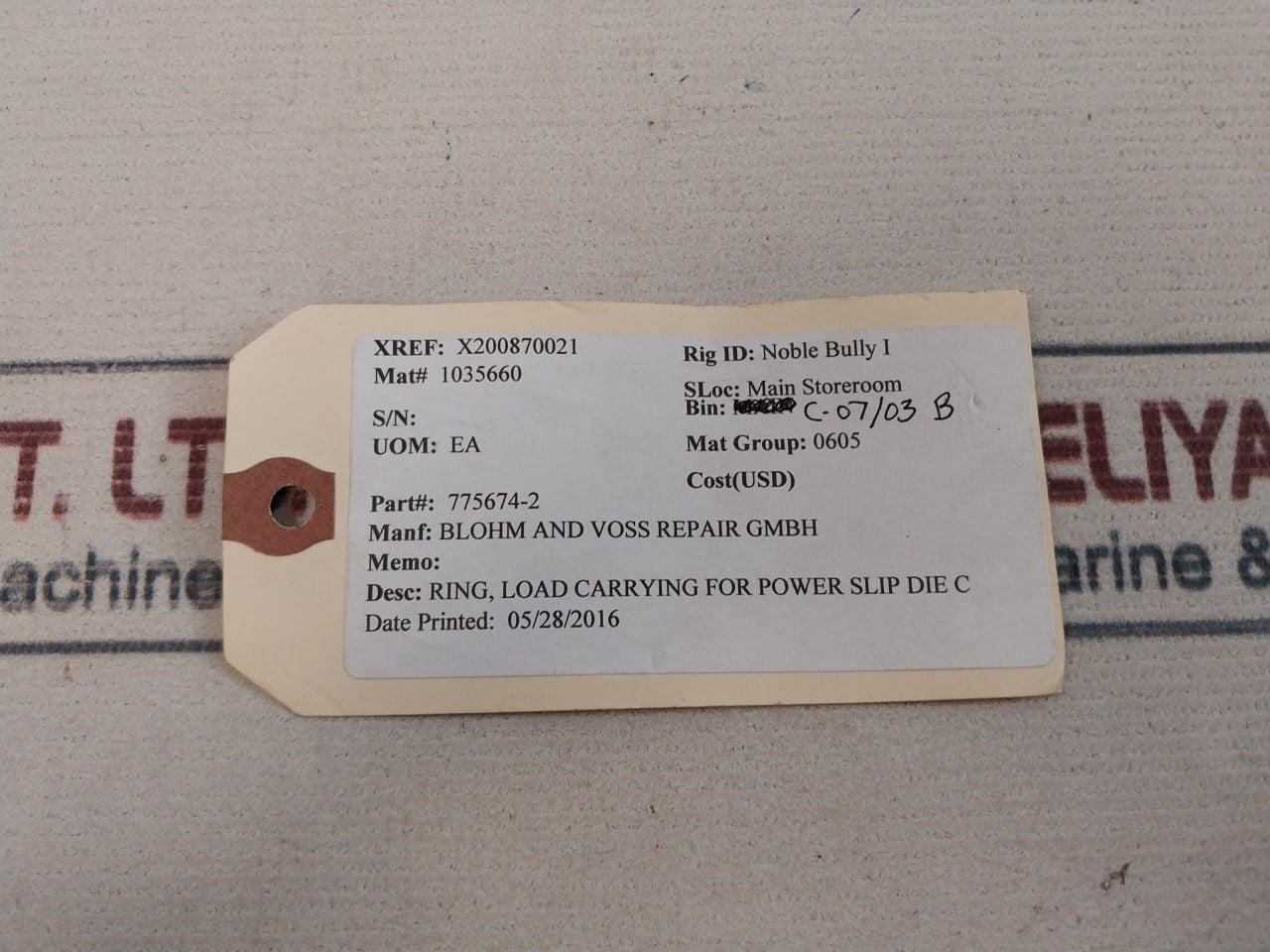 Blohm And Voss 775674-2 Load Carrying For Power Slip Die C Ring