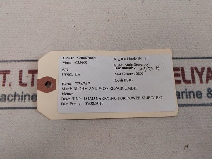 Blohm And Voss 775674-2 Load Carrying For Power Slip Die C Ring