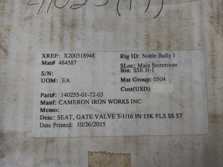 Tribocor Technologies 140255-01-72-03 Gate Valve Seat