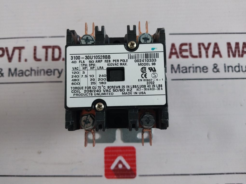Products Unlimited 3100-30U10528Bb Contactor 208/240 Vac 50/60Hz