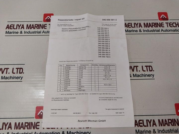 Rexroth 346 056 001 2 Repair Kit For Regulating Valve