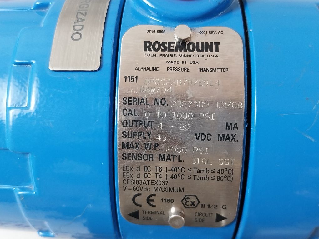 Rosemount 1151 Dp8S22B7M7E8L4 D2W704 Alphaline Pressure Transmitter