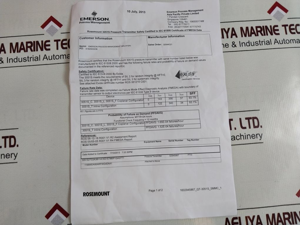 Rosemount 300S1Kad1E7M5T1 Pressure Transmitter 3051S2Tg3A3B11A1Kd1E7M5P1Q4Qtt1