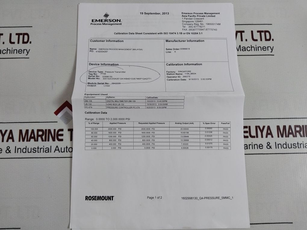 Rosemount 3051S2Cd5A2E12A1Kb4D1D2E7M5P1Q4Qtt1 Pressure Transmitter 3051S Series