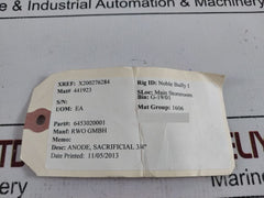 Rwo 6453020001 Sacrificial 3/4” Anode