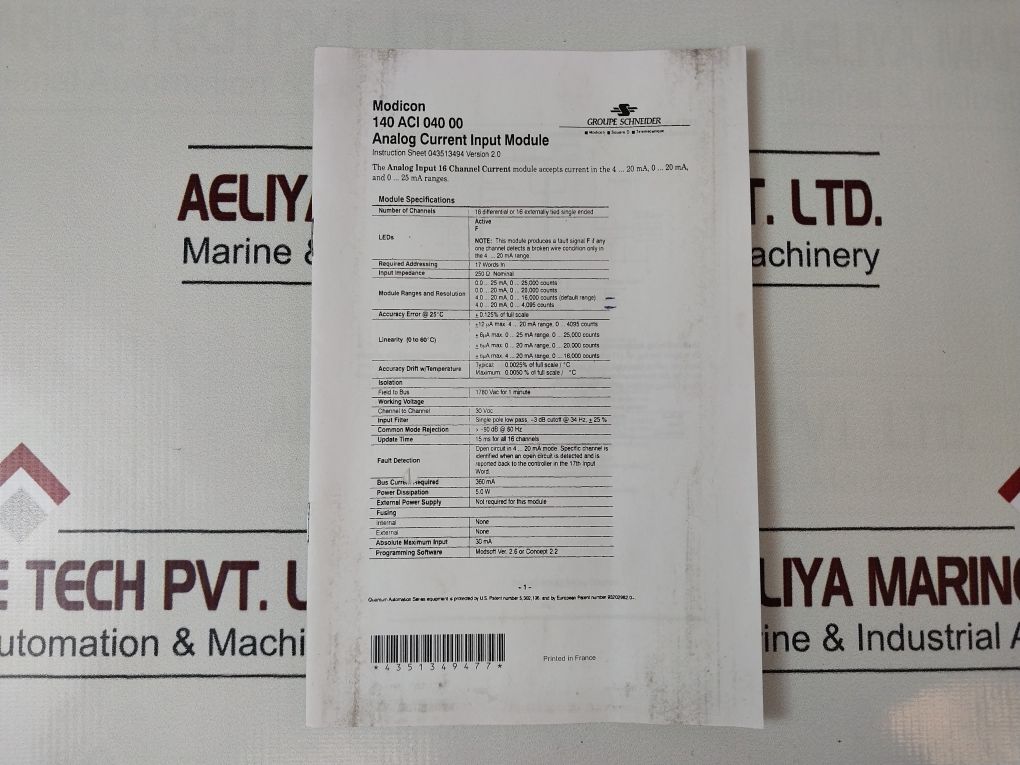 Schneider Electric 140Aci04000 Modicon Analog Current Input Module