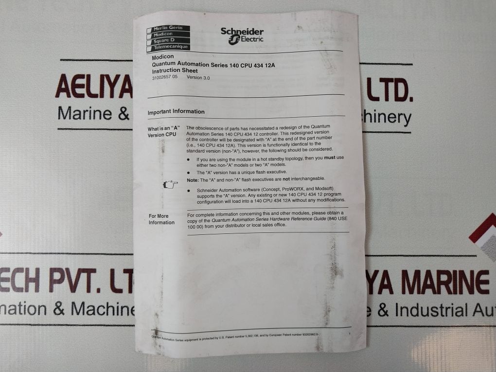 Schneider Modicon Quantum 140Cpu43412A Controller Version 3.0