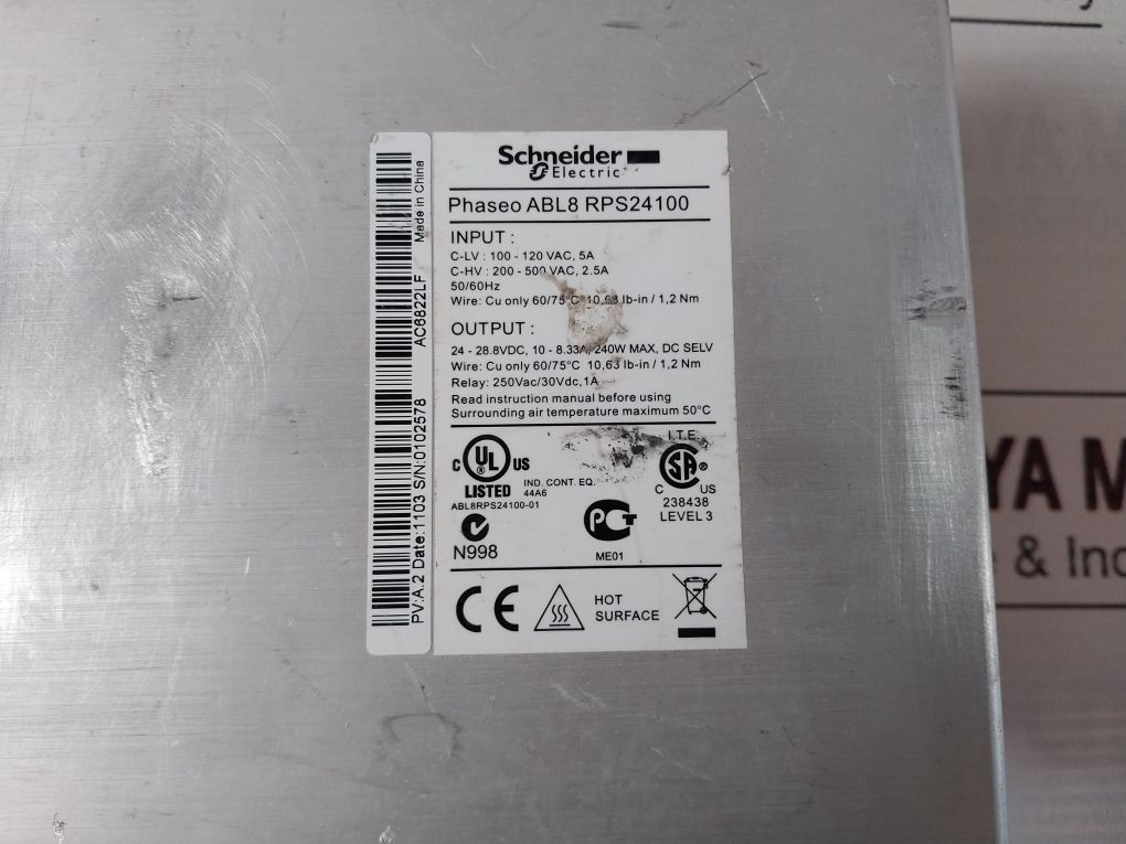 Schneider Electric Abl8Rps24100 Power Supply 50/60 Hz