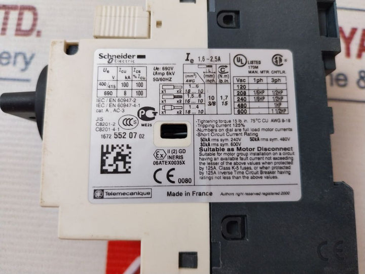 Schneider Electric Gv2-p07/1.6-2.5A Motor Protection Circuit Breaker 6Kv 690V