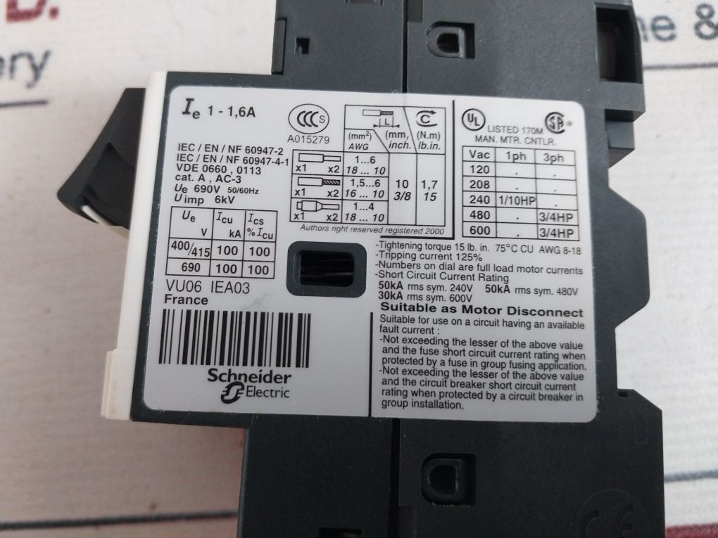 Schneider Electric Gv2Me06 Motor Circuit Breaker 690V