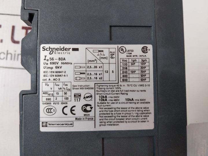 Schneider Electric Gv3Me80/56-80A Motor Circuit Breaker