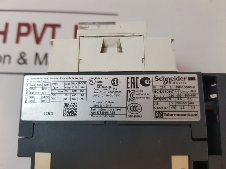 Schneider Electric Lc1D12 Bd Contactor With Gv2Me32 Motor Circuit Breaker