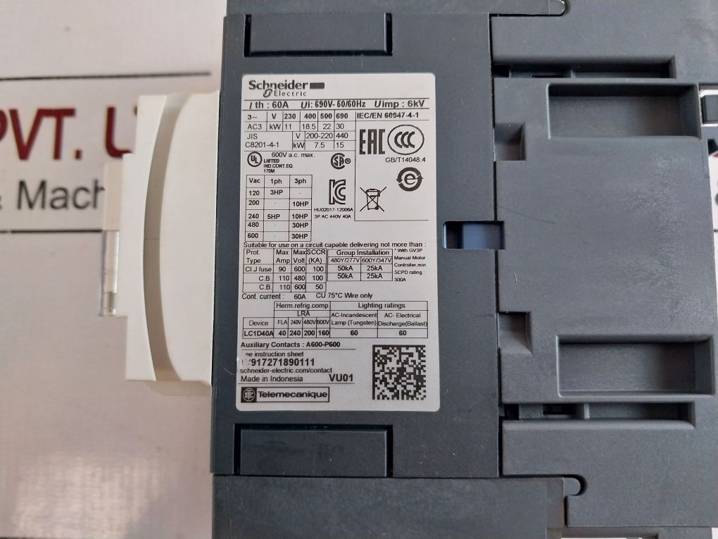 Schneider Electric Lc1D40A Contactor 220V 50/60Hz