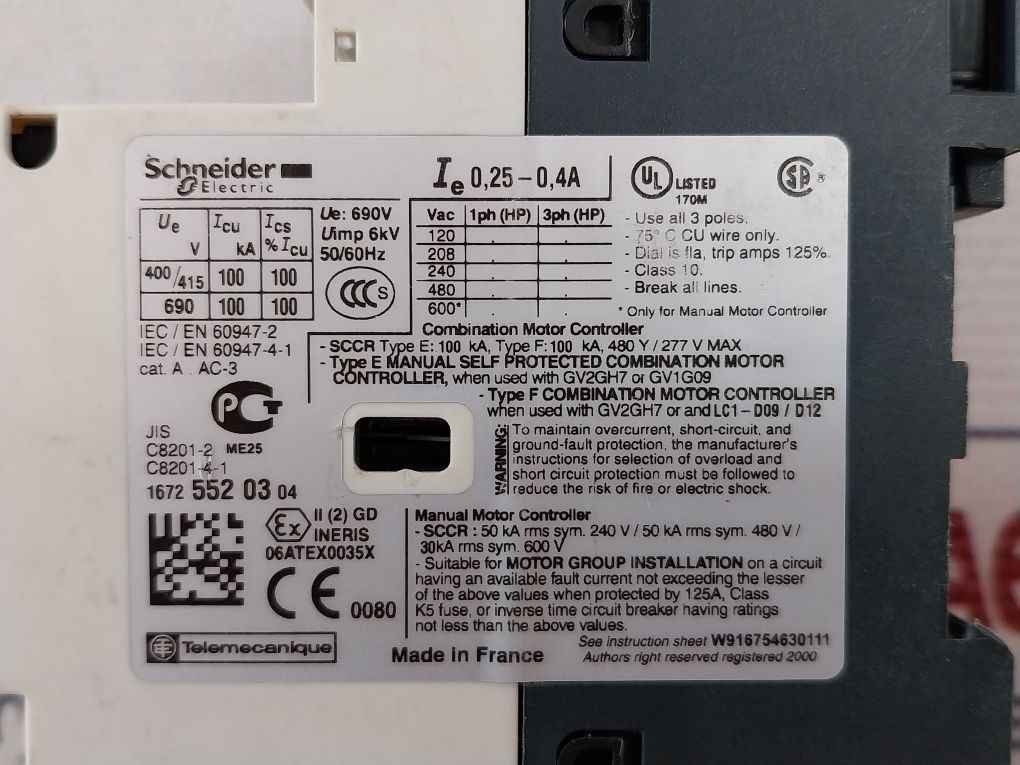 Schneider Electric Telemecanique Gv2-p03/0.25-0.4A Motor Circuit Breaker