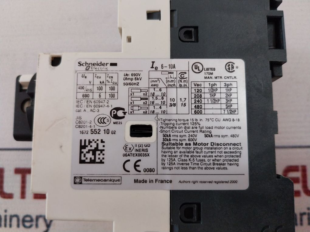 Schneider Electric/ Telemecanique Gv2-p14/6-10A Motor Circuit Breaker 6Kv