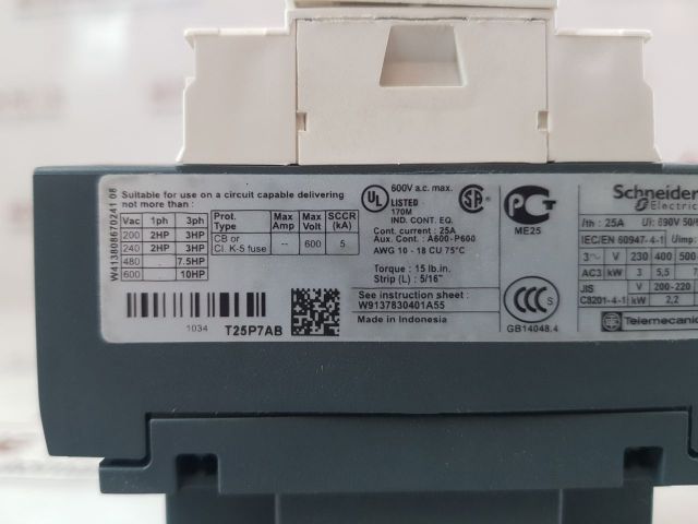 SchneiderTelemecanique Lc1Dt25P7 Contactor 230V 5060Hz