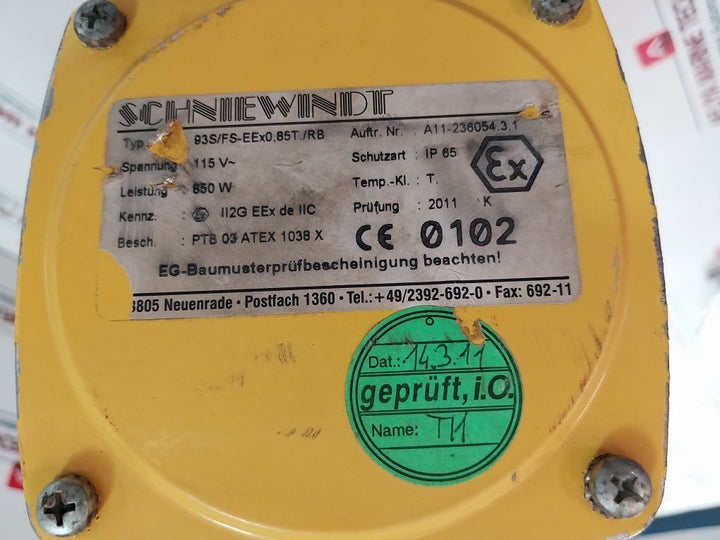 Schniewindt 2392-692-0 Oil Heater Ptb 03 Atex 1038 X