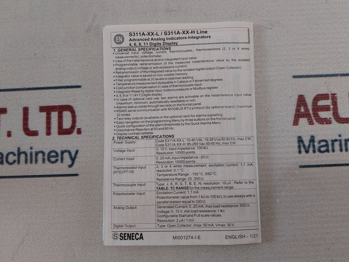 Seneca 98-s311A-4-h Digital Indicator 981300212013 0-20Ma