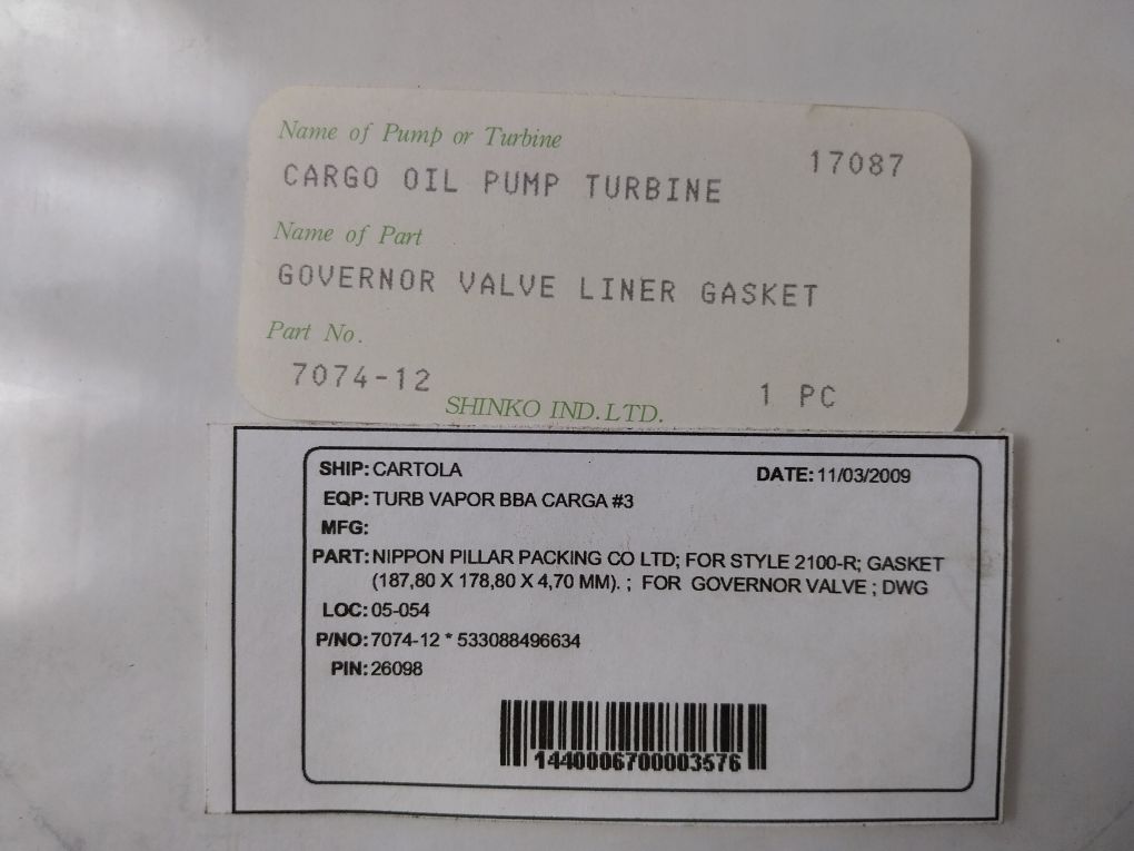 Shinko 7074-12 Governor Valve Gasket 17087