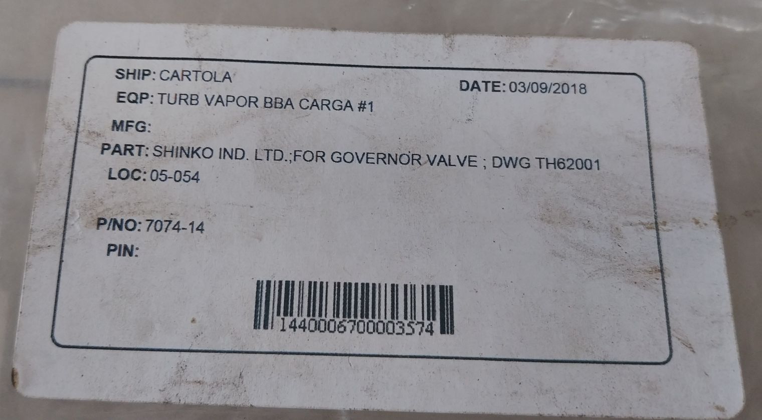 Shinko 7074-14 Governor Valve Casing Cover Gasket