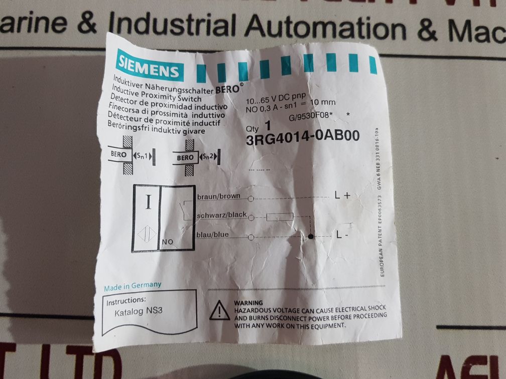 Siemens 3Rg4014-0Ab00 Inductive Proximity Switch