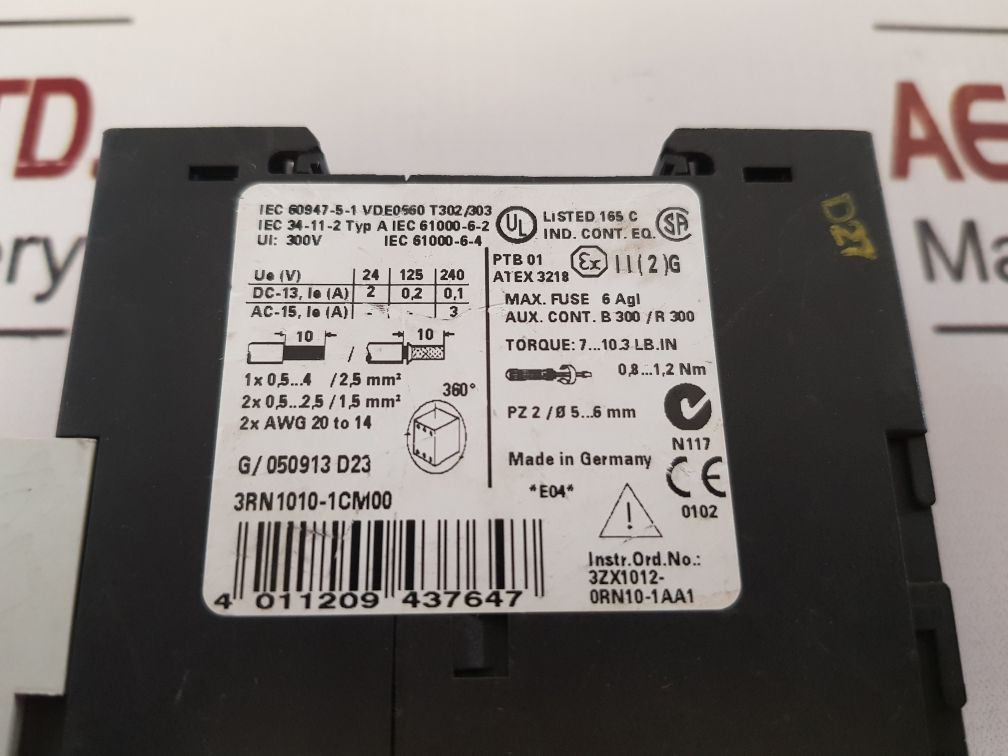 Siemens 3Rn1010-1Cm00 Motor Protection Relay G/050913 D23