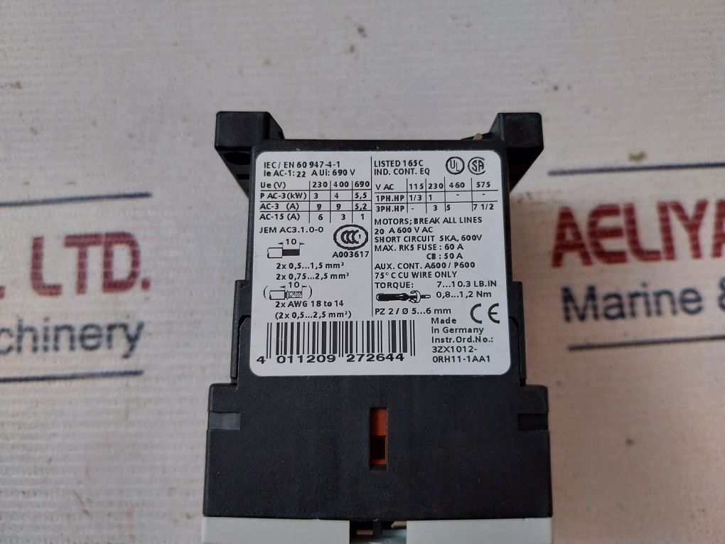 Siemens 3Rt1016-1Ab01 Contactor 20A 600Vac