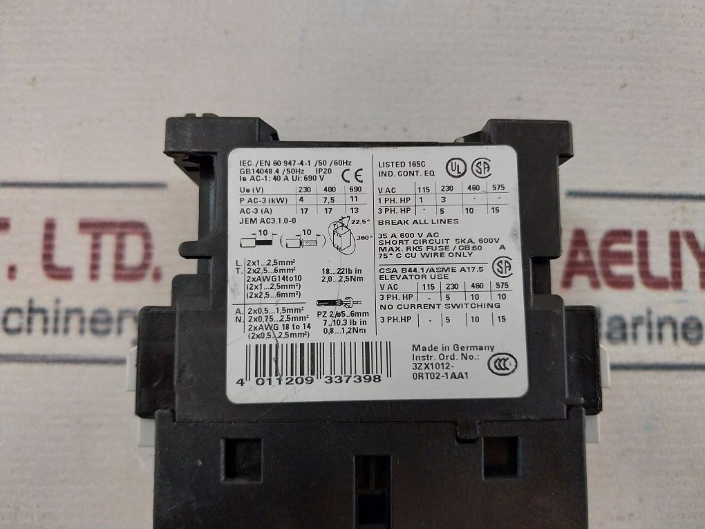 Siemens 3Rt1023-1A..0 Contactor 35A 600V Ac