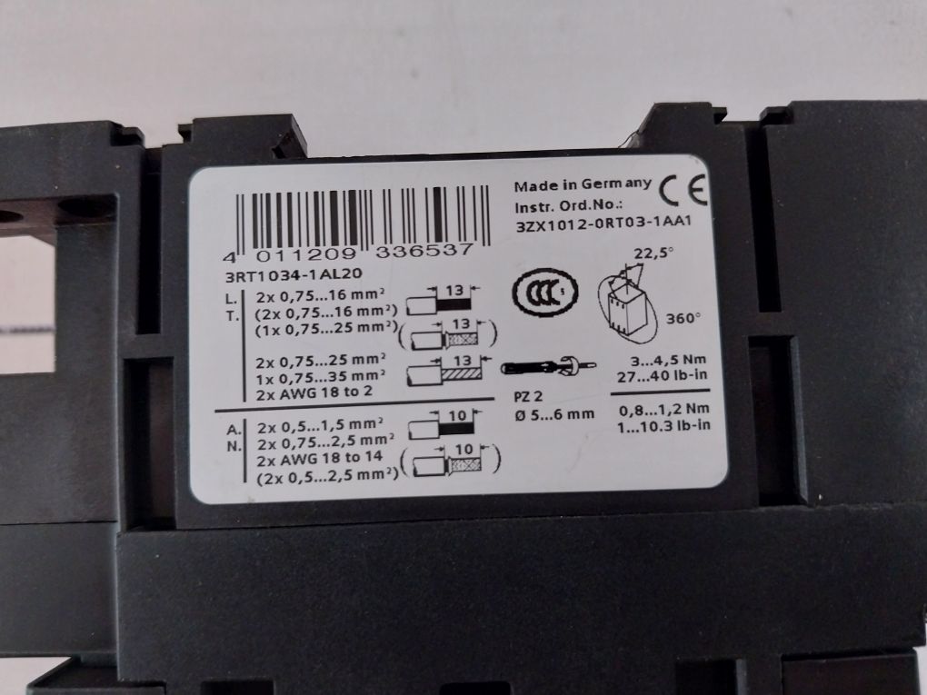 Siemens 3Rt1034-1Al20 Power Contactor 45A 600Vac