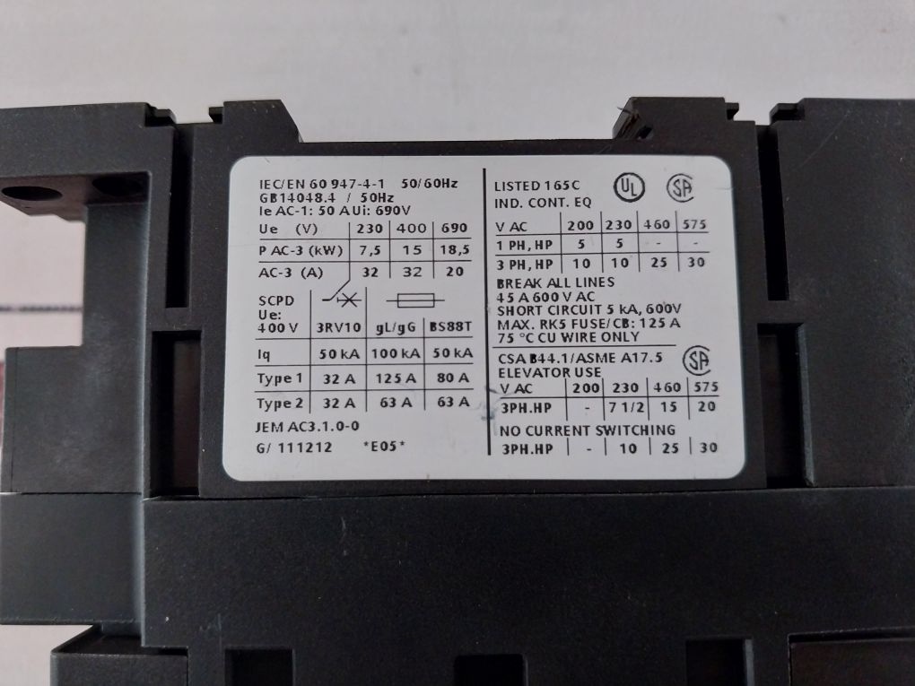 Siemens 3Rt1034-1Al20 Power Contactor 45A 600Vac