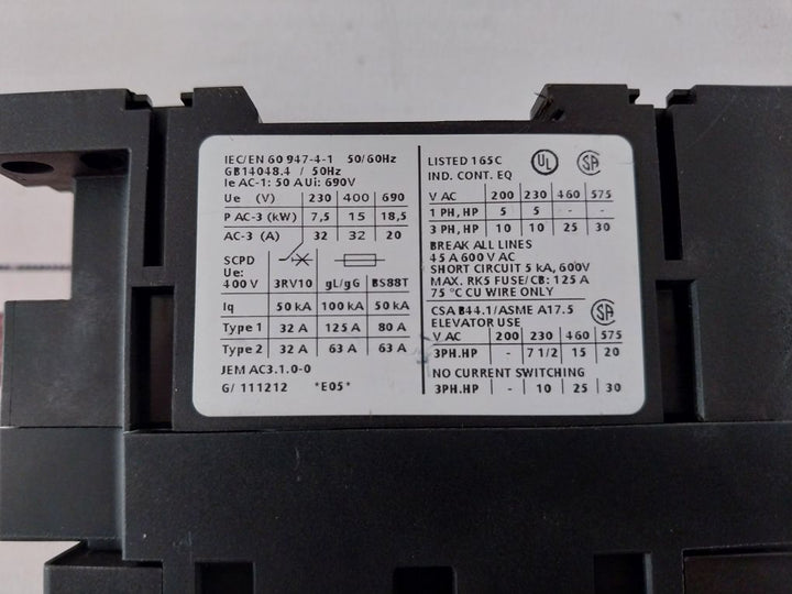 Siemens 3Rt1034-1Al20 Power Contactor 45A 600Vac