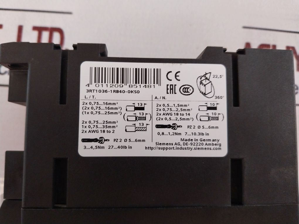 Siemens 3Rt1036-1Rb40-0Ks0 Power Contactor 690V 50/60Hz