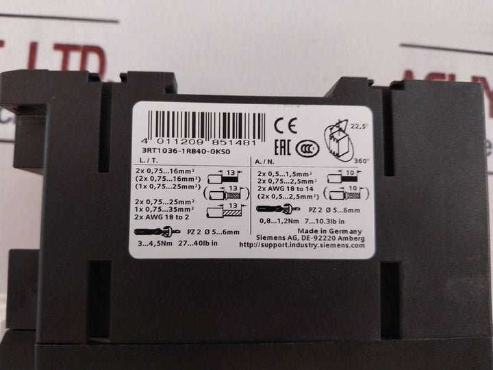 Siemens 3Rt1036-1Rb40-0Ks0 Power Contactor 690V 50/60Hz