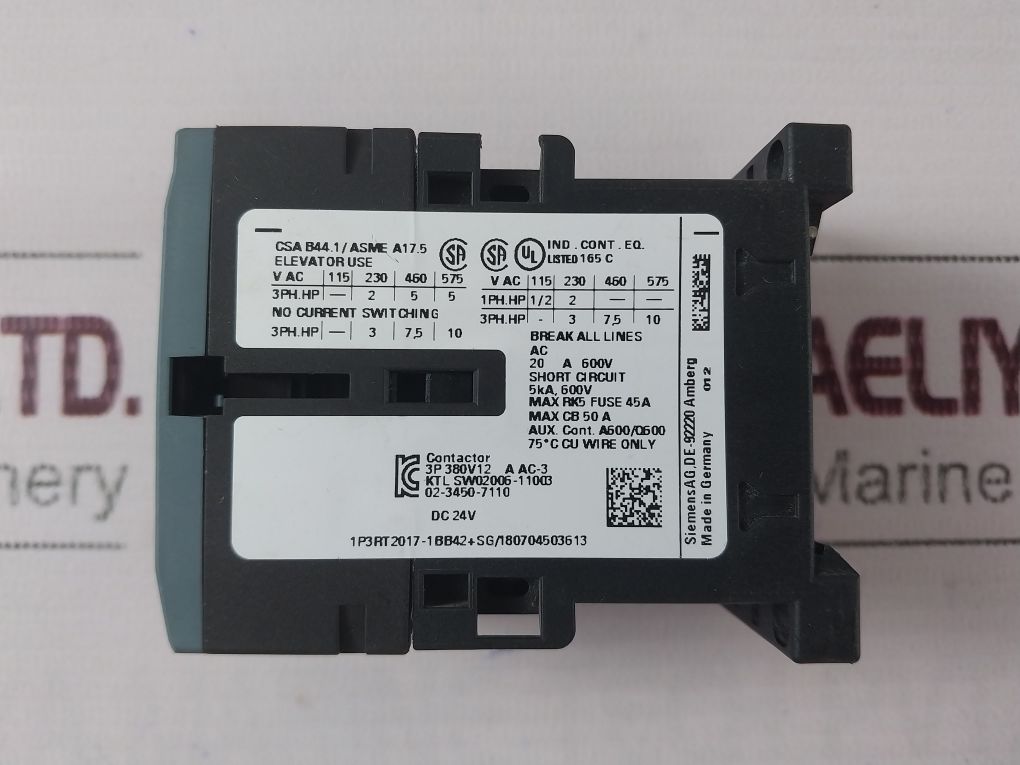 Siemens 3Rt2017-1Bb42 Contactor Dc 24V