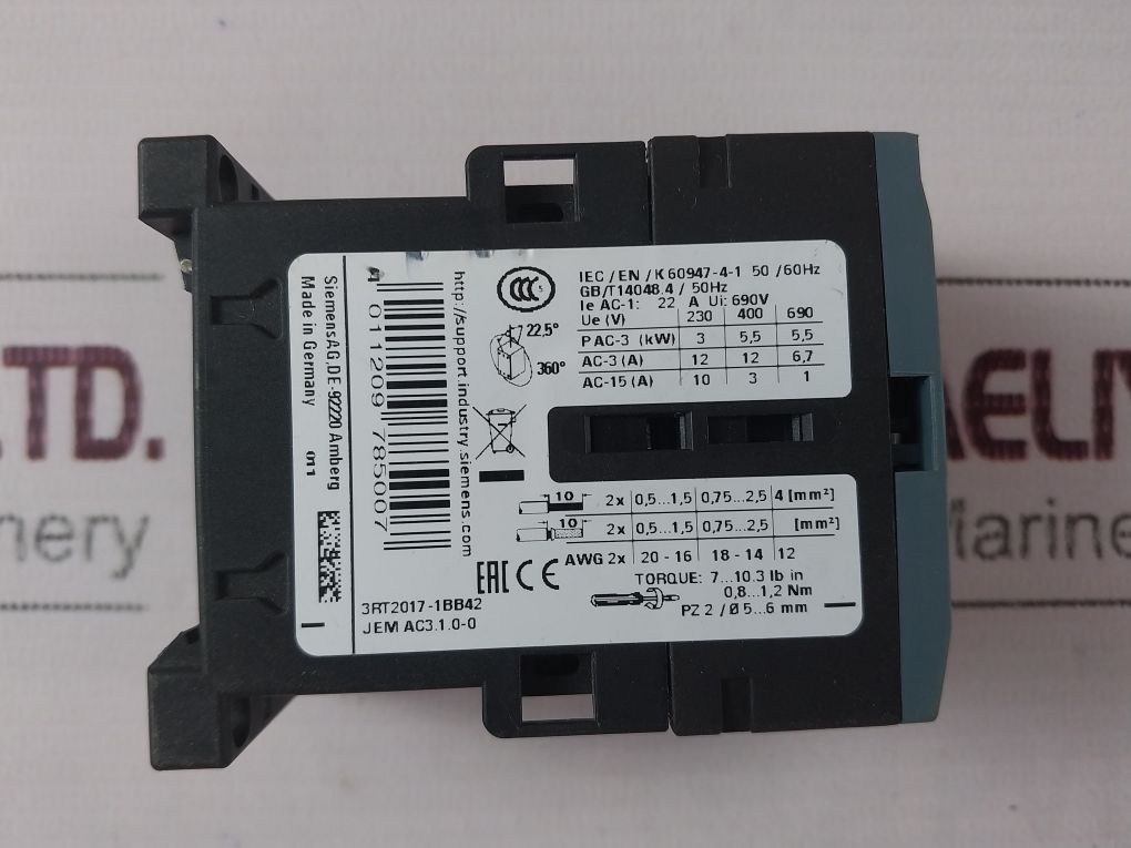 Siemens 3Rt2017-1Bb42 Contactor Dc 24V
