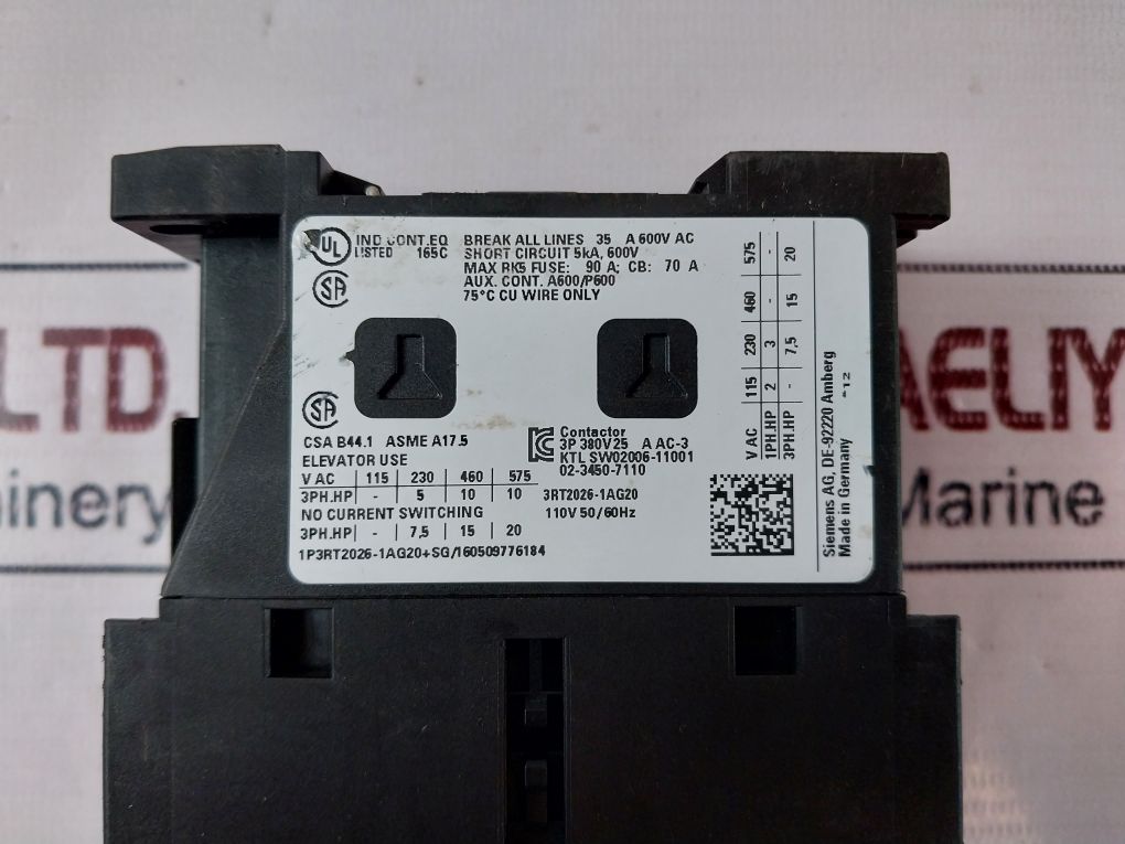 Siemens 3Rt20261Ag20 Contactor 110V 50/60Hz 35A 600 Vac