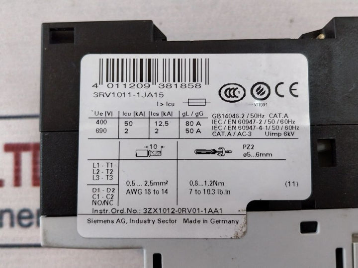Siemens 3Rv1011-1Ja15 Sirius Motor Protection Circuit Breaker 130A
