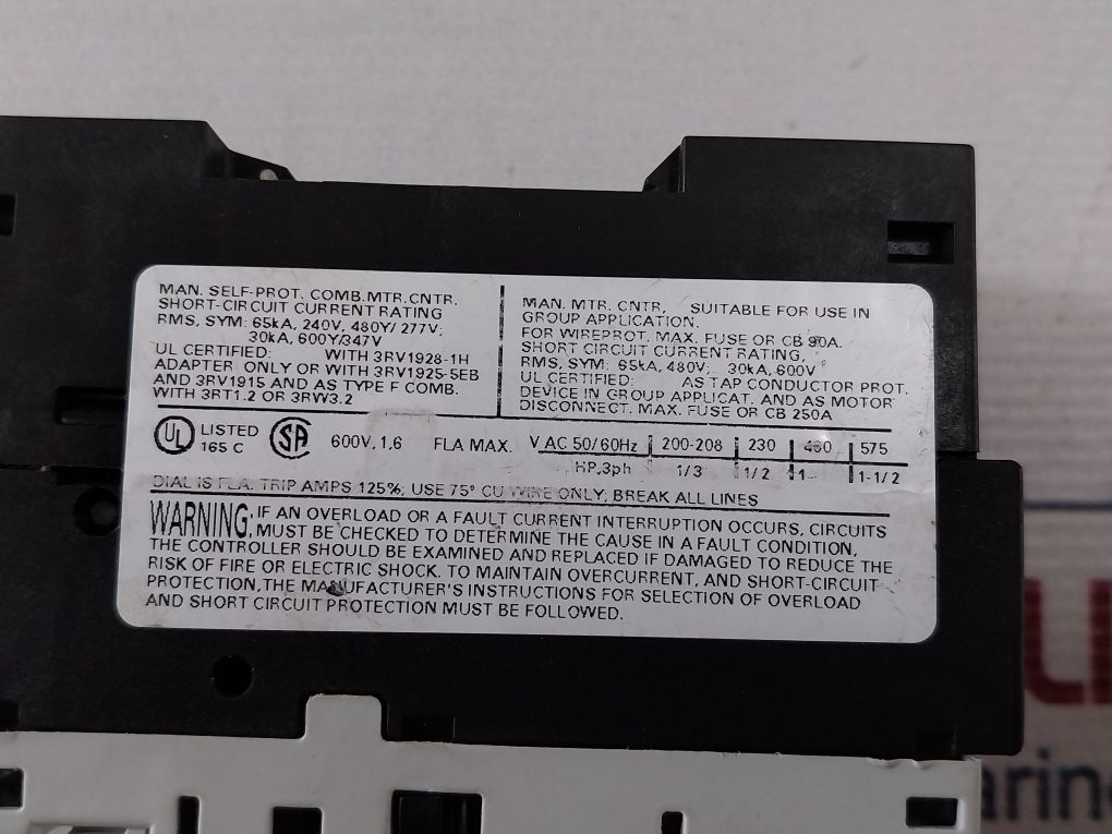 Siemens 3Rv1021-1Aa10 Motor Protection Circuit Breaker 600V