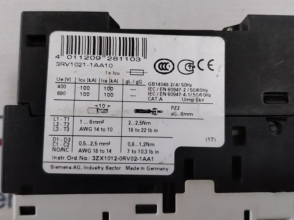 Siemens 3Rv1021-1Aa10 Motor Protection Circuit Breaker 600V