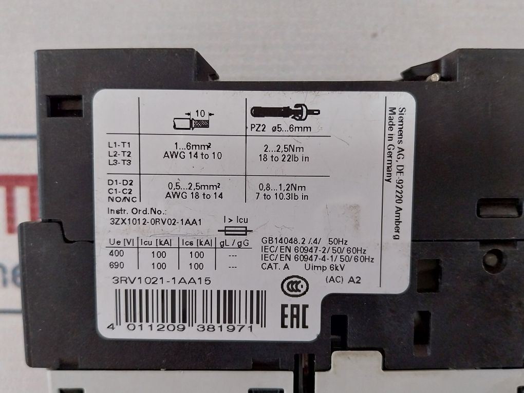 Siemens  3Rv1021-1Aa15 Circuit Breaker 