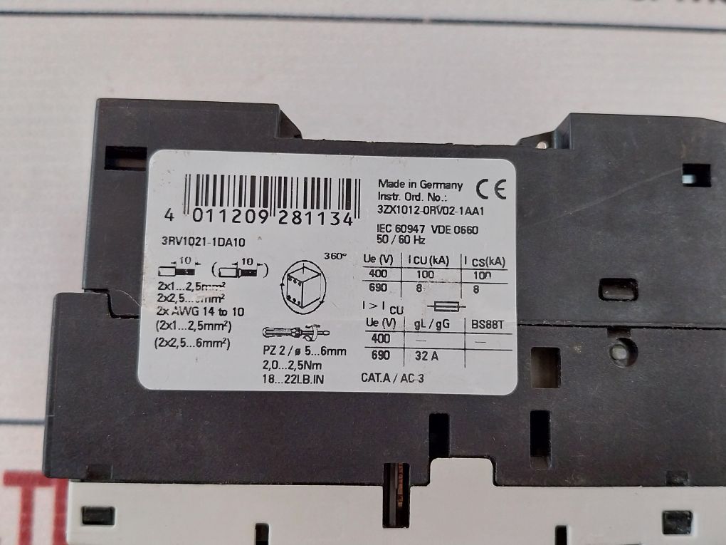 Siemens 3Rv1021-1Da10 Motor Protection Circuit Breaker