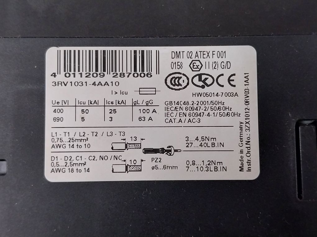 Siemens 3Rv1031-4Aa10 Circuit Breaker 50/60Hz