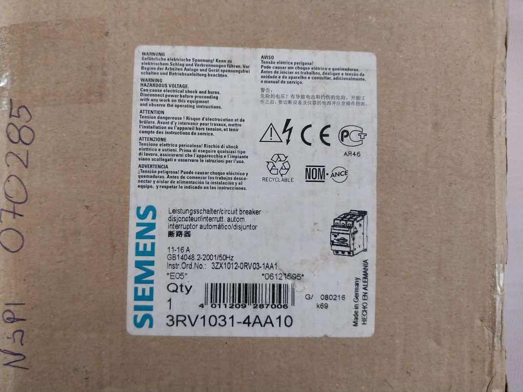 Siemens 3Rv1031-4Aa10 Motor Protection Circuit Breaker 11-16A 690V Ac