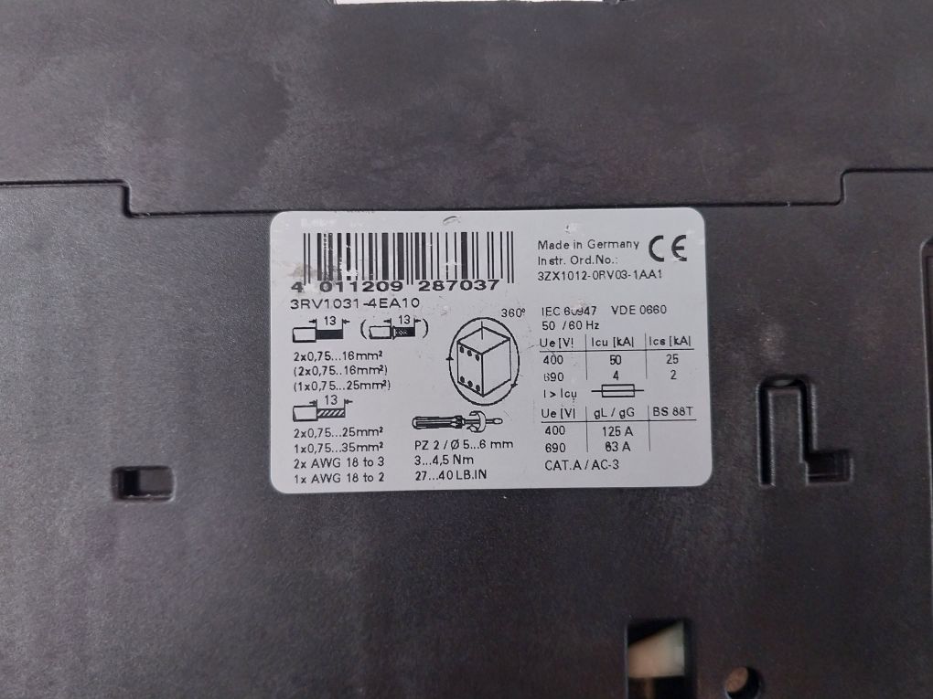 Siemens Sirius 3Rv1031-4Ea10 Motor Protection Circuit Breaker 50/60Hz