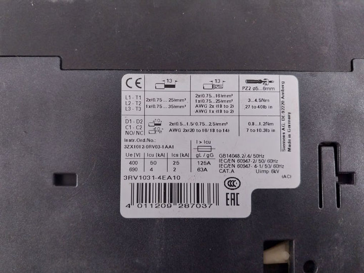 Siemens 3Rv1031-4Ea10 Circuit Breaker 600V