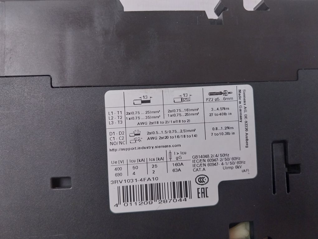 Siemens 3Rv1031-4Fa10 Circuit Breaker 50/60Hz
