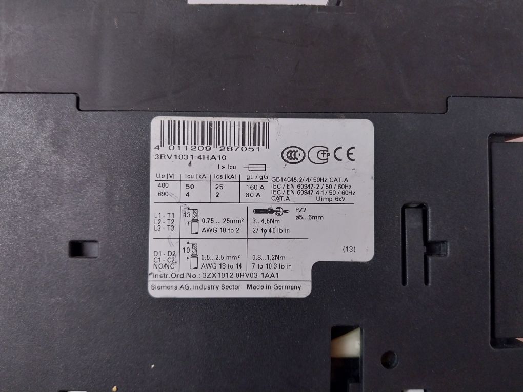 Siemens 3Rv1031-4Ha10 Motor Protection Circuit Breaker 650Amp