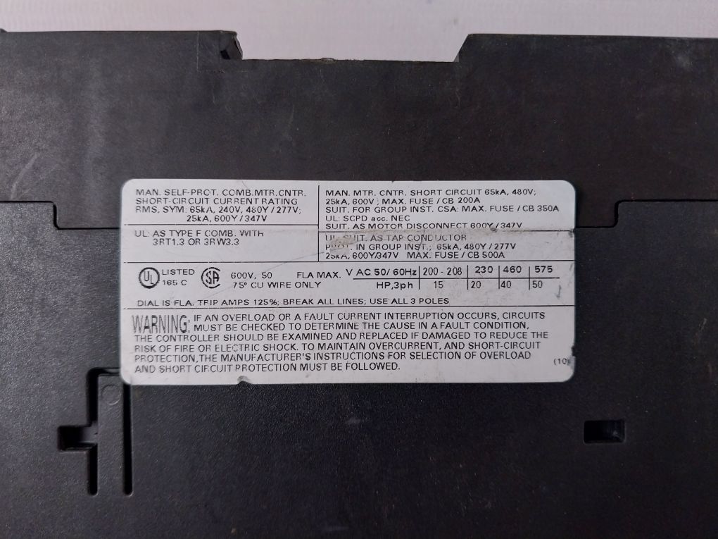 Siemens 3Rv1031-4Ha10 Motor Protection Circuit Breaker 650Amp