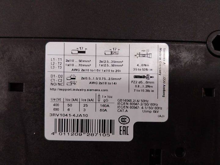 Siemens 3Rv1041-4Ja10 Motor Protection Circuit Breaker